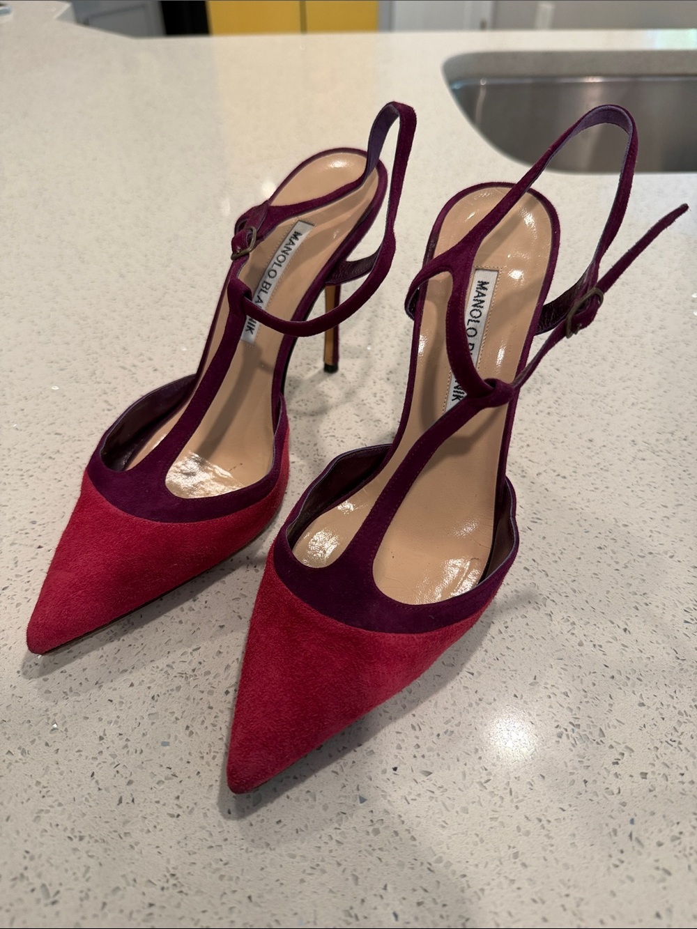 Manolo Blahnik Two-Tone Burgundy and Wine Suede T-Strap Pumps